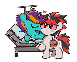 Size: 2560x2048 | Tagged: source needed, useless source url, safe, artist:sugar morning, oc, oc only, oc:norfleet, oc:zaknel, species:pony, species:unicorn, :<, bag, bandage, bandaged leg, bed, blushing, chibi, colored, commission, cute, eyes closed, female, heart, hospital, kissing, lying down, male, mare, ocbetes, prone, red eyes, simple background, stallion, standing, straight, transparent background