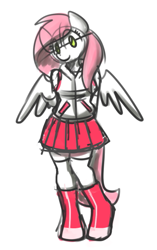 Size: 339x541 | Tagged: safe, artist:sugar morning, oc, oc only, oc:sugar morning, species:anthro, species:pegasus, species:pony, species:unguligrade anthro, boots, clothing, cute, female, hands behind back, hoodie, hoof boots, miniskirt, moe, pleated skirt, shoes, simple background, sketch, skirt, socks, solo, stockings, thigh highs, white background