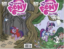 Size: 350x269 | Tagged: safe, idw, official comic, character:angel bunny, character:opalescence, character:twilight sparkle, species:rabbit, alice in wonderland, cheshire cat, cover, filly, fim logo, little red riding hood, needs more jpeg