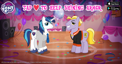 Size: 960x504 | Tagged: safe, gameloft, idw, character:shining armor, species:earth pony, species:pony, species:unicorn, balloon, basketball court, basketball net, buck withers, confetti, court, disco ball, duo, facebook, heart, idw showified, jewelry, looking at you, male, my little pony logo, necklace, necktie, neigh anything, smiling, smiling at you, speakers, stallion, teen shining armor, text, younger