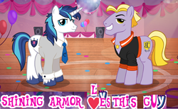Size: 642x396 | Tagged: safe, edit, editor:horsesplease, idw, character:shining armor, species:earth pony, species:pony, species:unicorn, buck withers, caption, duo, expand dong, exploitable meme, gay, holiday, idw showified, image macro, male, meme, ruined, shiningwithers, stallion, text, valentine's day, wow! glimmer