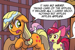 Size: 475x313 | Tagged: safe, artist:tonyfleecs, idw, character:apple bloom, character:applejack, character:scootaloo, character:sweetie belle, species:earth pony, species:pegasus, species:pony, apple sisters, cutie mark, female, filly, foal, mare, out of context, ponies of dark water, siblings, sisters, the cmc's cutie marks, wet mane