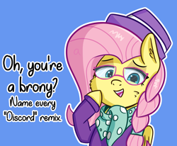 Size: 2594x2139 | Tagged: safe, artist:artiks, character:fluttershy, species:pegasus, species:pony, alternate hairstyle, dialogue, female, hipstershy, mare, meme, simple background, smug, solo