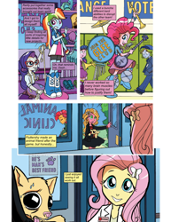 Size: 612x792 | Tagged: safe, artist:greatdinn, artist:newbiespud, edit, idw, character:babs seed, character:fluttershy, character:pinkie pie, character:rainbow dash, character:rarity, character:sunflower, species:dog, comic:friendship is dragons, my little pony:equestria girls, chihuahua, clothing, collaboration, comic, dialogue, drums, female, hairpin, heatstroke, locker, musical instrument, one man band