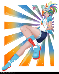 Size: 1026x1274 | Tagged: safe, artist:clouddg, kotobukiya, character:rainbow dash, species:human, my little pony:equestria girls, boots, breasts, busty rainbow dash, female, glasses, human coloration, humanized, kotobukiya rainbow dash, legs, looking at you, open mouth, peace sign, sexy, shoes, signature, solo, stupid sexy rainbow dash