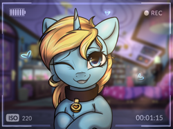 Size: 3000x2248 | Tagged: safe, artist:radioaxi, oc, oc only, oc:skydreams, species:pony, species:unicorn, collar, cute, female, femsub, looking at you, mare, one eye closed, pet tag, submissive, wink, winking at you, ych result