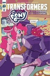 Size: 659x1000 | Tagged: safe, artist:caseycoller, idw, character:pinkie pie, species:earth pony, species:pony, clash of hasbro's titans, comic, cover, food, friendship in disguise, pie, pie in the face, shockwave, sugarcube corner, transformers