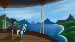 Size: 1920x1080 | Tagged: safe, artist:shadow blaze, oc, oc only, oc:skydreams, oc:zephyr, species:pegasus, species:pony, species:unicorn, airship, commission, duo, female, lake, mare, mountain, royal equestrian skyguard, scenery