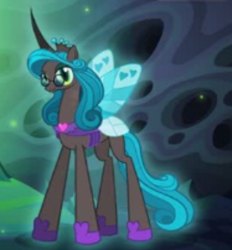 Size: 464x501 | Tagged: safe, gameloft, idw, character:queen chrysalis, species:changeling, changeling queen, cropped, female, glasses, idw showified, lidded eyes, looking at you, reflections, reversalis, solo, throne, wings