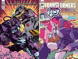 Size: 1317x1000 | Tagged: safe, artist:caseycoller, artist:guido guidi, edit, idw, character:pinkie pie, species:earth pony, species:pony, spoilers for another series, autobot, cake, clash of hasbro's titans, collage, comic, cover, crossover, dinosaur, food, friendship in disguise, grimlock, my little pony vs transformers, pie, pie in the face, robot, shockwave, sugarcube corner, transformers, transformers '84: secrets and lies, transformers 84