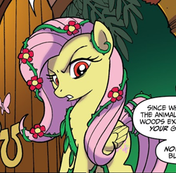 Size: 434x425 | Tagged: safe, idw, official comic, character:fluttershy, species:pegasus, species:pony, comic, cropped, dialogue, female, mare, poison ivyshy, ponies of dark water, solo, speech bubble