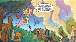 Size: 1041x575 | Tagged: safe, idw, character:fluttershy, species:pegasus, species:pony, animal, butt, comic, cropped, dialogue, female, flying, mare, plot, poison ivyshy, ponies of dark water, rear view, speech bubble, spread wings, wings