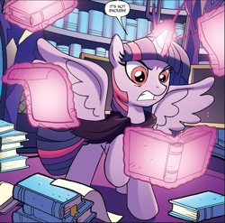 Size: 953x941 | Tagged: safe, idw, character:twilight sparkle, character:twilight sparkle (alicorn), species:alicorn, species:pony, comic, cropped, dialogue, glowing horn, horn, magic, ponies of dark water, speech bubble, tyrant sparkle