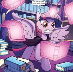 Size: 953x941 | Tagged: safe, edit, idw, character:twilight sparkle, character:twilight sparkle (alicorn), species:alicorn, species:pony, book, comic, cropped, dialogue, glowing horn, horn, magic, ponies of dark water, speech bubble, that pony sure does love books, tyrant sparkle