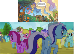 Size: 1937x1413 | Tagged: safe, edit, idw, screencap, character:amethyst star, character:berry punch, character:berryshine, character:cherry berry, character:coco crusoe, character:fluttershy, character:lemon hearts, character:linky, character:lyra heartstrings, character:minuette, character:oakey doke, character:sassaflash, character:sea swirl, character:shoeshine, character:sparkler, character:twinkleshine, species:bird, species:deer, species:earth pony, species:pegasus, species:pony, species:rabbit, species:unicorn, episode:trade ya, g4, my little pony: friendship is magic, animal, background pony, bear, beaver, butt, cat, clone, clones, comic, cropped, crowd, dialogue, female, flying, male, mare, plot, poison ivyshy, ponies of dark water, rear view, speech bubble, stallion, tortoise