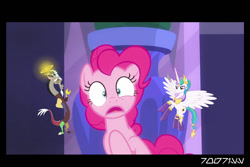 Size: 1288x858 | Tagged: safe, edit, edited screencap, editor:teren rogriss, idw, screencap, character:discord, character:pinkie pie, character:princess celestia, species:alicorn, species:draconequus, species:earth pony, species:pony, episode:the saddle row review, g4, my little pony: friendship is magic, evil celestia, halo, horn, shoulder angel, shoulder devil, wings