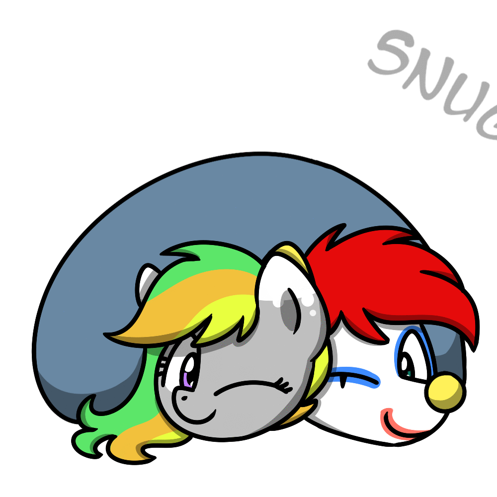 Size: 1000x1000 | Tagged: source needed, useless source url, safe, artist:sugar morning, oc, oc only, oc:ponk, species:pony, animated, clown, colored, commission, couple, cute, eyelashes, female, makeup, male, simple background, snuggling, text, under blanket, white background