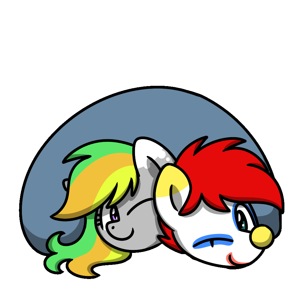 Size: 1000x1000 | Tagged: source needed, useless source url, safe, alternate version, artist:sugar morning, oc, oc only, oc:ponk, species:pony, animated, clown, colored, commission, couple, cute, eyelashes, female, makeup, male, simple background, snuggling, text, transparent background, under blanket