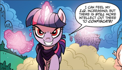 Size: 582x338 | Tagged: safe, idw, character:twilight sparkle, character:twilight sparkle (alicorn), species:alicorn, species:pony, comic, dialogue, evil grin, glowing horn, grin, horn, ponies of dark water, smiling, speech bubble, tyrant sparkle