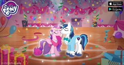 Size: 1200x630 | Tagged: safe, gameloft, idw, official, character:princess cadance, character:shining armor, species:alicorn, species:pony, species:unicorn, ship:shiningcadance, advertisement, balloon, bow tie, clothing, confetti, costume, duo, eyes closed, facebook, female, idw showified, male, mare, my little pony logo, neigh anything, present, presentable in periwinkle, shipping, speakers, stallion, straight, teen princess cadance, teen shining armor, younger