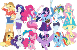 Size: 12189x8000 | Tagged: safe, artist:pink1ejack, kotobukiya, character:applejack, character:fluttershy, character:pinkie pie, character:rainbow dash, character:rarity, character:twilight sparkle, character:twilight sparkle (alicorn), species:alicorn, species:earth pony, species:human, species:pegasus, species:pony, species:unicorn, my little pony:equestria girls, absurd resolution, anime style, applejack's hat, backless, bishoujo, book, boots, bracelet, clothing, cowboy hat, dark skin, denim skirt, dress, eyes closed, fake ears, female, glasses, goggles, hat, human ponidox, humane five, humane six, humanized, i can't believe it's not sci-twi, jewelry, kotobukiya applejack, kotobukiya fluttershy, kotobukiya pinkie pie, kotobukiya rainbow dash, kotobukiya rarity, kotobukiya twilight sparkle, looking at you, mane six, mare, miniskirt, moe, one eye closed, open mouth, pleated skirt, ponytail, prone, self ponidox, shirt, shoes, shorts, side slit, simple background, sitting, skirt, smiling, socks, spread wings, stetson, tank top, transparent background, twilight's professional glasses, vector, wings, wink, wristband
