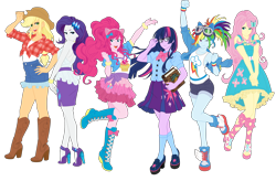 Size: 12189x8000 | Tagged: safe, artist:pink1ejack, kotobukiya, character:applejack, character:fluttershy, character:pinkie pie, character:rainbow dash, character:rarity, character:twilight sparkle, character:twilight sparkle (alicorn), species:human, my little pony:equestria girls, absurd resolution, anime style, applejack's hat, backless, bishoujo, book, boots, bracelet, clothing, cowboy hat, denim skirt, dress, eyes closed, fake ears, female, glasses, goggles, hat, high heels, humanized, i can't believe it's not sci-twi, jewelry, kotobukiya applejack, kotobukiya fluttershy, kotobukiya pinkie pie, kotobukiya rainbow dash, kotobukiya rarity, kotobukiya twilight sparkle, looking at you, mane six, miniskirt, moe, one eye closed, open mouth, pleated skirt, pony coloring, ponytail, shirt, shoes, shorts, simple background, skirt, smiling, socks, stetson, stiletto heels, tank top, transparent background, twilight's professional glasses, vector, wink, wristband