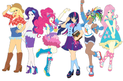 Size: 12189x8000 | Tagged: safe, artist:pink1ejack, kotobukiya, character:applejack, character:fluttershy, character:pinkie pie, character:rainbow dash, character:rarity, character:twilight sparkle, character:twilight sparkle (alicorn), species:alicorn, species:human, species:pony, my little pony:equestria girls, absurd resolution, anime style, applejack's hat, backless, bishoujo, book, boots, bracelet, clothing, cowboy hat, dark skin, denim skirt, dress, eyes closed, fake ears, female, glasses, goggles, hat, high heels, human coloration, humane five, humane six, humanized, i can't believe it's not sci-twi, jewelry, kotobukiya applejack, kotobukiya fluttershy, kotobukiya pinkie pie, kotobukiya rainbow dash, kotobukiya rarity, kotobukiya twilight sparkle, looking at you, mane six, miniskirt, moe, one eye closed, open mouth, pleated skirt, ponytail, prone, shirt, shoes, shorts, side slit, simple background, skirt, smiling, socks, stetson, stiletto heels, tank top, tanned, transparent background, twilight's professional glasses, vector, wink, wristband