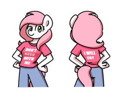 Size: 2560x2048 | Tagged: safe, artist:sugar morning, oc, oc only, oc:sugar morning, species:anthro, species:pony, clothing, dreamworks face, female, mare, meme, pants, shirt, simple background, solo, standing, text, transparent background