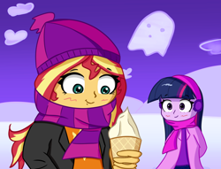 Size: 3102x2365 | Tagged: safe, artist:artiks, character:sunset shimmer, character:twilight sparkle, my little pony:equestria girls, clothing, duo, female, food, ice cream, scarf, snow