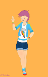 Size: 1800x2887 | Tagged: safe, artist:tosmilearts, kotobukiya, character:scootaloo, species:human, species:pegasus, species:pony, adolescent, clothing, cute, cutie mark, denim shorts, female, humanized, legs, moe, peace sign, shoes, shorts, sneakers, solo, tomboy