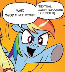 Size: 334x366 | Tagged: safe, edit, idw, character:applejack, character:rainbow dash, cognitohazard, comic, exploitable meme, expunged, meme, scp, scp foundation, three words meme