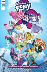 Size: 1280x1968 | Tagged: safe, artist:pencils, idw, character:applejack, character:fluttershy, character:pinkie pie, character:rainbow dash, character:rarity, character:sunset shimmer, character:twilight sparkle, character:twilight sparkle (scitwi), species:eqg human, my little pony:equestria girls, anime, armpits, boots, clothing, converse, dress, humane five, humane seven, humane six, march radness, sandals, shoes, shorts, skirt, sneakers, tank top, toes, trampoline, upskirt