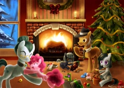 Size: 1061x753 | Tagged: dead source, safe, artist:jiayi, character:cloudy quartz, character:gummy, character:igneous rock pie, character:limestone pie, character:marble pie, character:pinkie pie, christmas, christmas tree, fireplace, pie family, quartzrock, tree