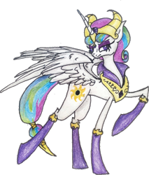 Size: 604x710 | Tagged: safe, artist:mysteriousshine, idw, character:princess celestia, species:alicorn, species:pony, clothing, evil celestia, female, frown, mare, peytral, raised hoof, simple background, socks, solo, traditional art, transparent background