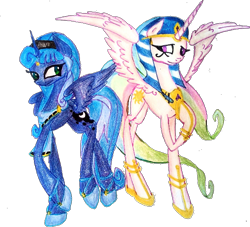 Size: 632x573 | Tagged: safe, artist:mysteriousshine, idw, character:princess celestia, character:princess luna, species:alicorn, species:pony, alternate hairstyle, artemis luna, duo, egyptian, egyptian pony, female, hoof shoes, makeup, mare, peytral, ra celestia, raised hoof, reflections, siblings, simple background, spread wings, traditional art, transparent background, wings