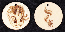 Size: 1014x507 | Tagged: safe, artist:malte279, character:starlight glimmer, craft, cutie mark, jewelry, pendant, pyrography, traditional art, wood
