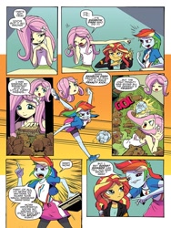 Size: 768x1024 | Tagged: safe, artist:pencils, idw, character:fluttershy, character:rainbow dash, character:sunset shimmer, my little pony:equestria girls, ball, converse, faec, food, football, frightened, gerbil, lip bite, lockers, pointing, preview, rainbow dash is best facemaker, sandwich, shoes, sports
