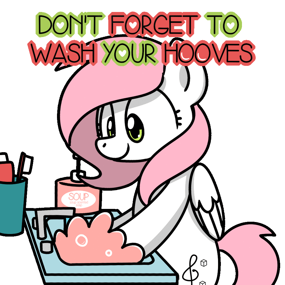 Size: 1000x1000 | Tagged: safe, artist:sugar morning, oc, oc only, oc:sugar morning, species:pegasus, species:pony, animated, bipedal, bubble, coronavirus, covid-19, cute, faucet, female, mare, ocbetes, public service announcement, simple background, sink, soap, solo, text, toothbrush, toothpaste, transparent background, washing