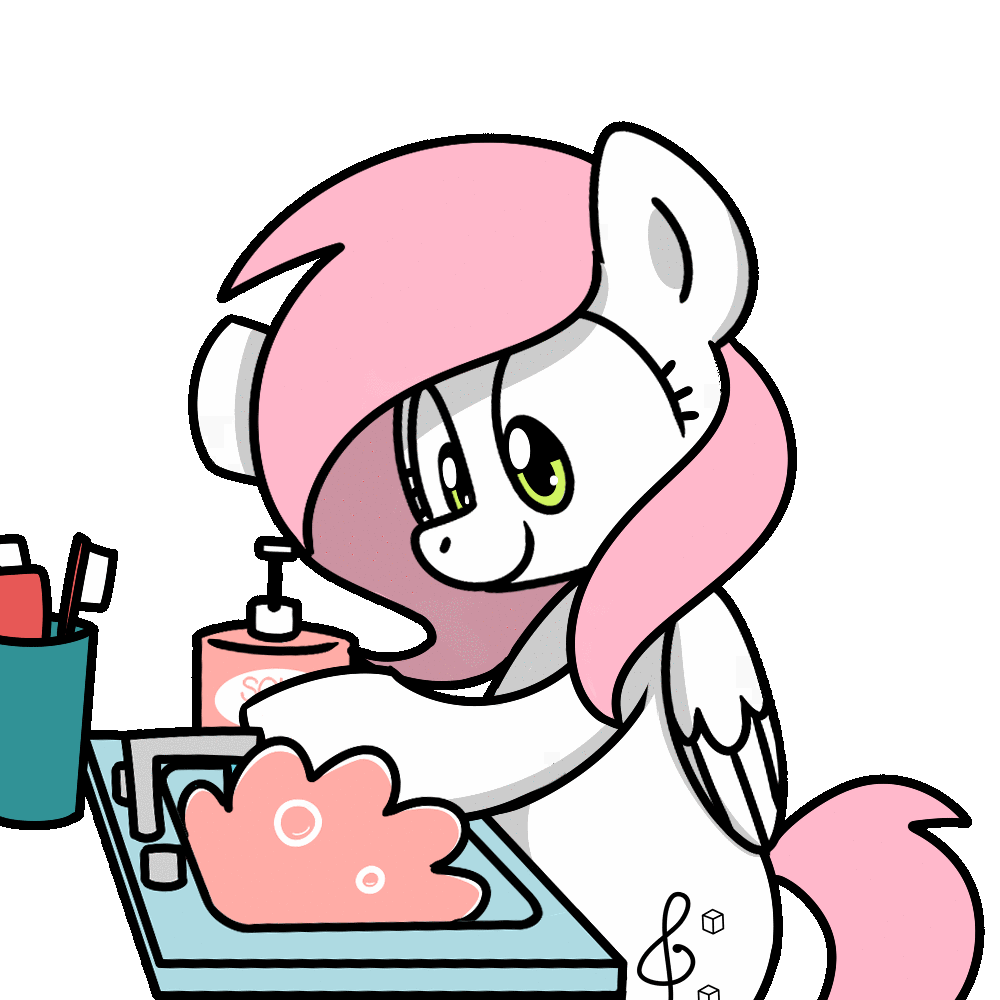 Size: 1000x1000 | Tagged: safe, artist:sugar morning, oc, oc:sugar morning, species:pegasus, species:pony, animated, bipedal, bubble, coronavirus, covid-19, cute, faucet, female, mare, ocbetes, public service announcement, simple background, sink, soap, solo, toothbrush, toothpaste, transparent background, washing