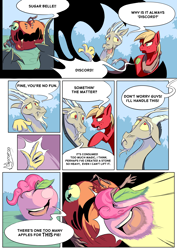 Size: 2480x3496 | Tagged: safe, artist:madgehog, idw, character:big mcintosh, character:discord, character:pinkie pie, species:draconequus, species:pony, episode:the big mac question, g4, my little pony: friendship is magic, apple, apple monster, apple pinkie, chaos, colored, colt, comic, food, lineart, male, monster, species swap