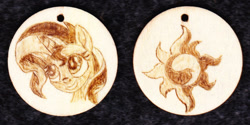 Size: 1014x507 | Tagged: safe, artist:malte279, character:sunset shimmer, craft, cutie mark, jewelry, pendant, pyrography, traditional art, wood