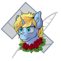 Size: 5000x5000 | Tagged: safe, artist:yognaughtsteve, oc, oc only, oc:skydreams, species:pony, species:unicorn, bust, cutie mark background, female, flower, mare, rose, simple background, solo, stare, transparent background, ych result