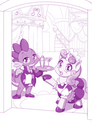 Size: 954x1280 | Tagged: safe, artist:dstears, seven seas, character:spike, character:sweetie belle, species:dragon, species:pony, species:unicorn, my little pony: the manga, alcohol, bow tie, carousel boutique, clothing, cute, duo, female, filly, looking at you, maid, male, martini, monochrome, purple, shoes, tuxedo, winged spike