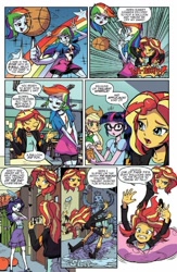 Size: 600x923 | Tagged: safe, artist:pencils, idw, character:applejack, character:fluttershy, character:rainbow dash, character:rarity, character:sunset shimmer, character:twilight sparkle, character:twilight sparkle (scitwi), species:eqg human, my little pony:equestria girls, balloon, balloon popping, basketball, clothing, good trick, lattice-bot, popping, preview, robot, school desk, shoes, spinning, sports