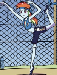 Size: 415x547 | Tagged: safe, artist:pencils, idw, character:rainbow dash, my little pony:equestria girls, ballet, ballet slippers, clothing, cropped, en pointe, practice, shorts, sleeveless, solo, sweatband, tank top