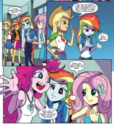Size: 1939x2123 | Tagged: safe, artist:pencils, idw, character:applejack, character:fluttershy, character:pinkie pie, character:rainbow dash, character:sunset shimmer, my little pony:equestria girls, clothing, compliment, congratulation, denim skirt, happy, leggings, skirt, sleeveless, smiling