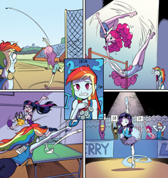 Size: 1834x1941 | Tagged: safe, artist:pencils, idw, character:cranky doodle donkey, character:fluttershy, character:ms. harshwhinny, character:pinkie pie, character:rainbow dash, character:rarity, character:twilight sparkle, character:twilight sparkle (scitwi), species:eqg human, my little pony:equestria girls, armpits, ass, ballerina, ballet, ballet slippers, barefoot, bulging eyes, butt, clothing, discus throw, feet, gymnastics, jaw drop, leotard, medal, ping pong, ping pong table, rainbow dash is best facemaker, second place, shorts, silver medal, skirt, splits, sports shorts, tutu, tutus