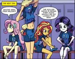 Size: 1272x1000 | Tagged: safe, artist:pencils, idw, character:applejack, character:fluttershy, character:rarity, character:sunset shimmer, my little pony:equestria girls, belly, belly button, changing room, clothing, cutie mark, cutie mark on clothes, dressing, legs, locker room, midriff, sexy, shoes, shorts, sitting, smiling, soccer shoes, sports shorts, sports uniform, wondering