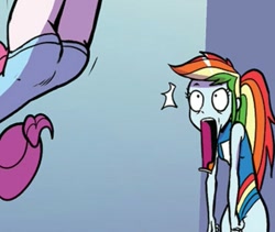 Size: 717x605 | Tagged: safe, artist:pencils, idw, character:pinkie pie, character:rainbow dash, my little pony:equestria girls, ass, butt, clothing, context is for the weak, cropped, gymnastics, jaw drop, leotard, out of context, sleeveless