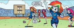 Size: 1134x441 | Tagged: safe, artist:pencils, edit, idw, character:pinkie pie, character:rainbow dash, character:sunset shimmer, my little pony:equestria girls, clothing, football, shoes, soccer shoes, spanish, sports